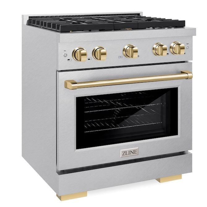 ZLINE Autograph Edition 30 in. 4.2 cu. ft. Paramount Gas Range with 4 Burners and Convection Gas Oven in Satin Stainless Steel with Polished Gold Accents (SGRSZ-30-G)