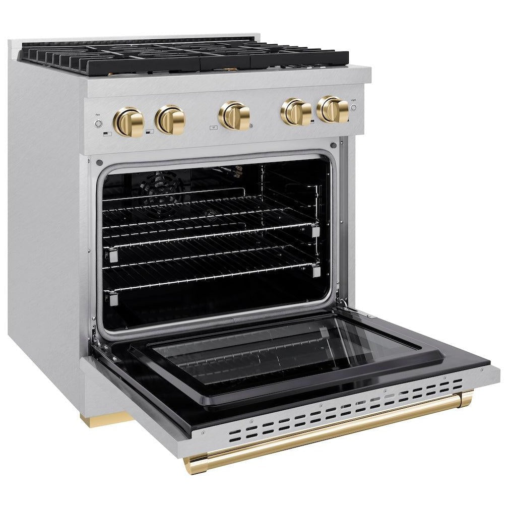ZLINE Autograph Edition 30 in. 4.2 cu. ft. Paramount Gas Range with 4 Burners and Convection Gas Oven in Satin Stainless Steel with Polished Gold Accents (SGRSZ-30-G)