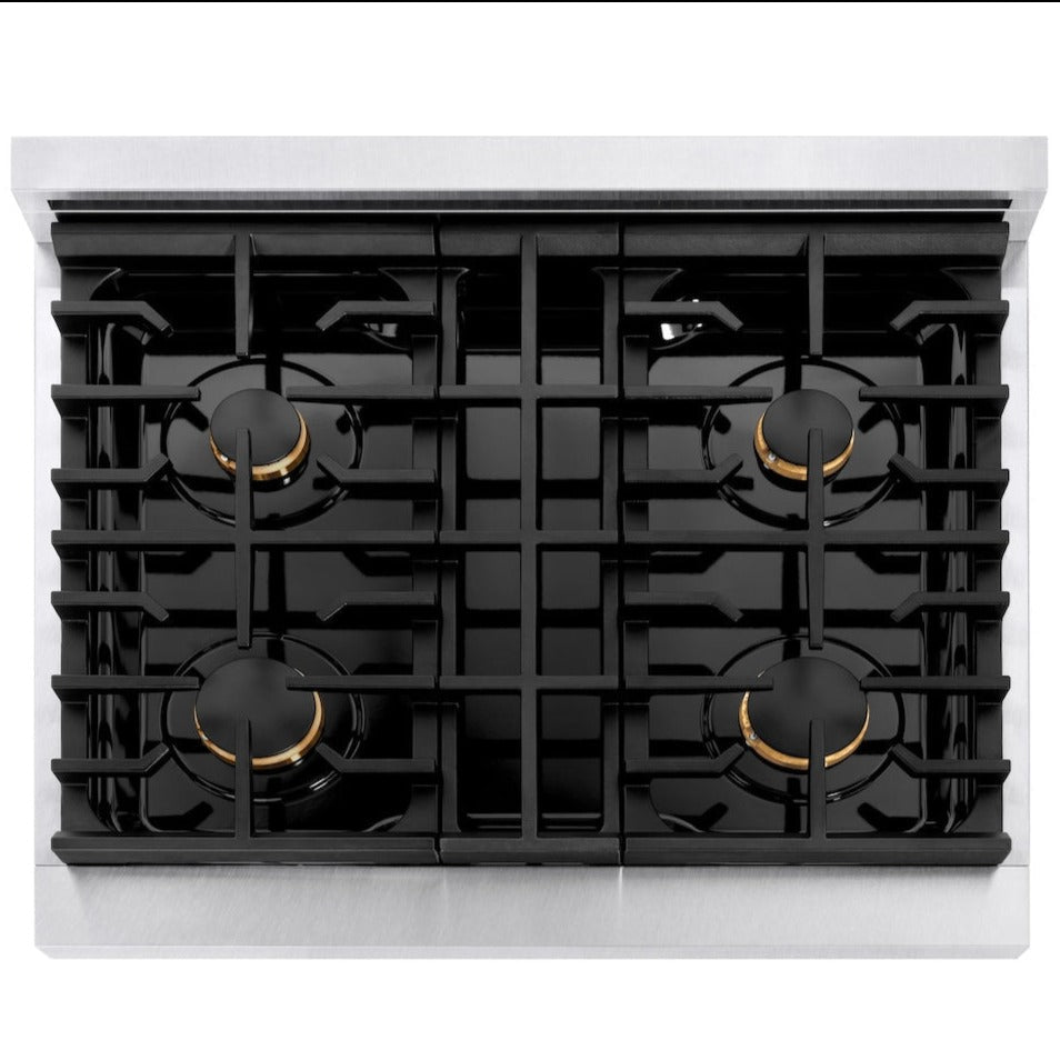ZLINE Autograph Edition 30 in. 4.2 cu. ft. Paramount Gas Range with 4 Burners and Convection Gas Oven in Satin Stainless Steel with Polished Gold Accents (SGRSZ-30-G)