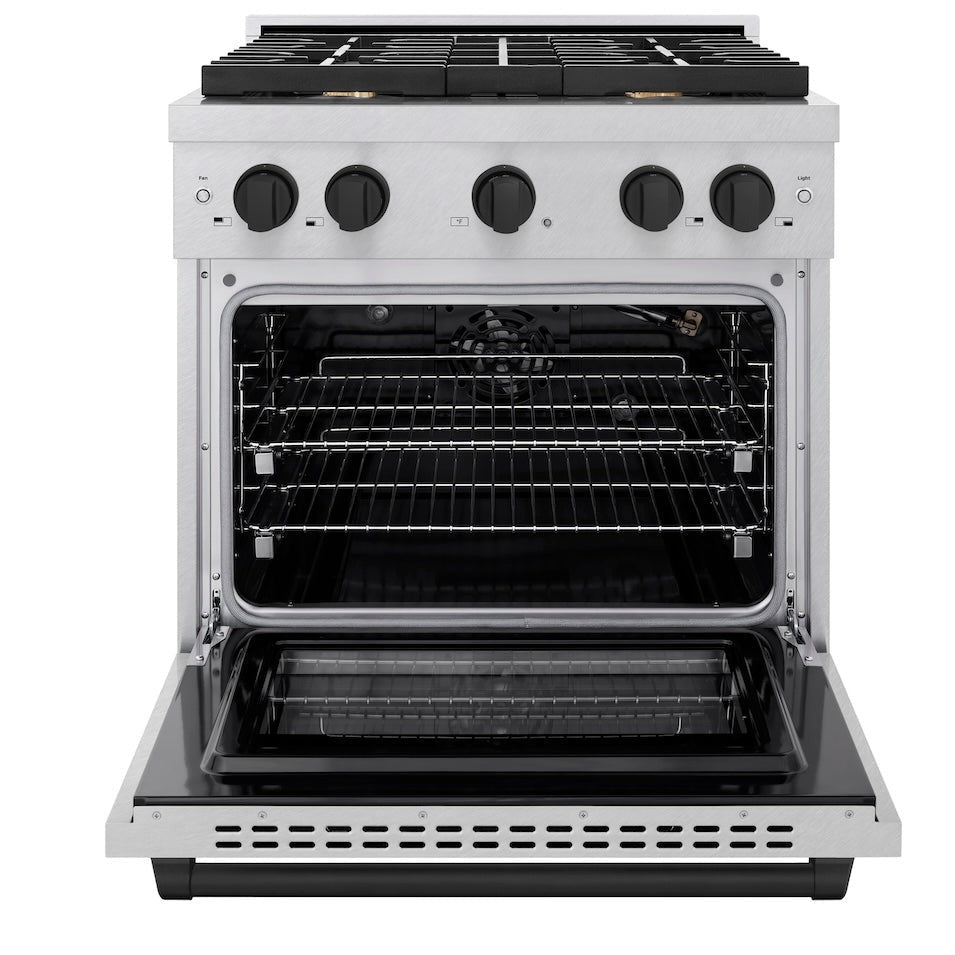 ZLINE Autograph Edition 30 in. 4.2 cu. ft. Paramount Gas Range with 4 Burners and Convection Gas Oven in Satin Stainless Steel with Matte Black Accents (SGRSZ-30-MB)