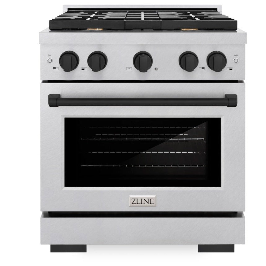 ZLINE Autograph Edition 30 in. 4.2 cu. ft. Paramount Gas Range with 4 Burners and Convection Gas Oven in Satin Stainless Steel with Matte Black Accents (SGRSZ-30-MB)