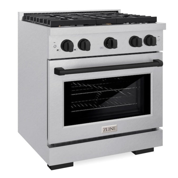 ZLINE Autograph Edition 30 in. 4.2 cu. ft. Paramount Gas Range with 4 Burners and Convection Gas Oven in Satin Stainless Steel with Matte Black Accents (SGRSZ-30-MB)