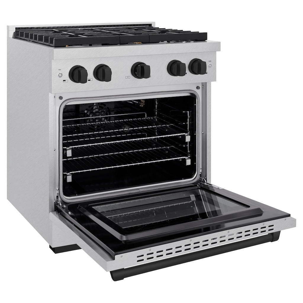 ZLINE Autograph Edition 30 in. 4.2 cu. ft. Paramount Gas Range with 4 Burners and Convection Gas Oven in Satin Stainless Steel with Matte Black Accents (SGRSZ-30-MB)