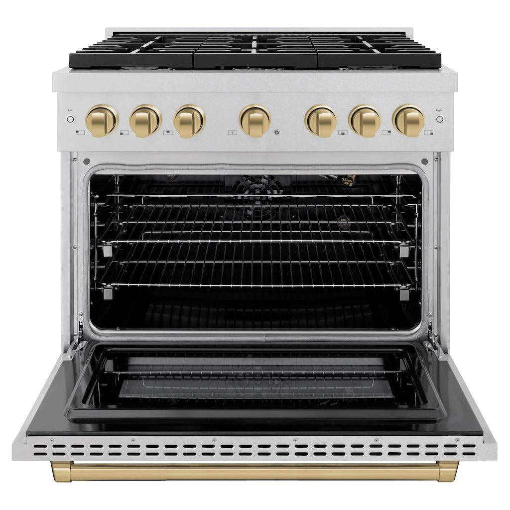 ZLINE Autograph Edition 36 in. 5.2 cu. ft. Paramount Gas Range with 6 Burners, Convection Gas Oven, Satin Stainless Steel with Champagne Bronze Accents (SGRSZ-36-CB)