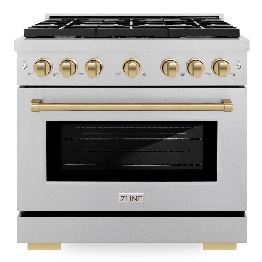 ZLINE Autograph Edition 36 in. 5.2 cu. ft. Paramount Gas Range with 6 Burners, Convection Gas Oven, Satin Stainless Steel with Champagne Bronze Accents (SGRSZ-36-CB)
