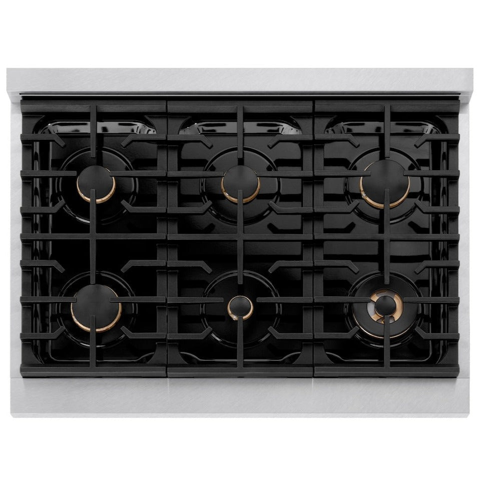 ZLINE Autograph Edition 36 in. 5.2 cu. ft. Paramount Gas Range with 6 Burners, Convection Gas Oven, Satin Stainless Steel with Champagne Bronze Accents (SGRSZ-36-CB)