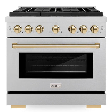 ZLINE Autograph Edition 36 in. 5.2 cu. ft. Paramount Gas Range with 6 Burners and Convection Oven in Satin Stainless Steel with Polished Gold Accents (SGRSZ-36-G)