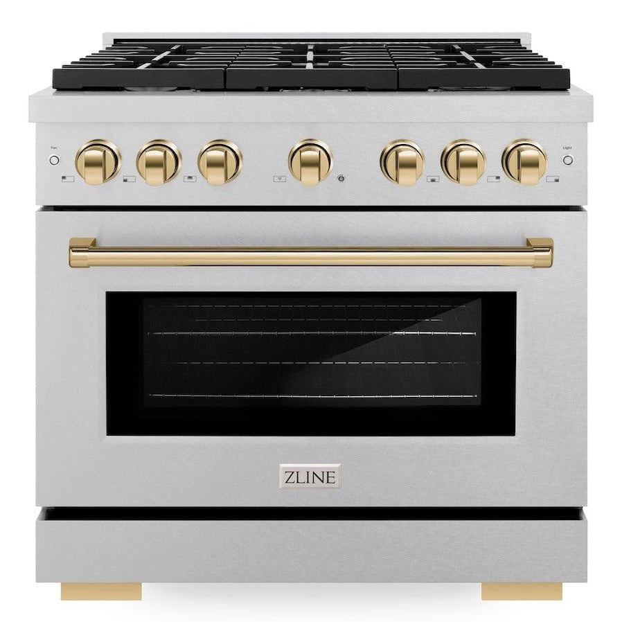 ZLINE Autograph Edition 36 in. 5.2 cu. ft. Paramount Gas Range with 6 Burners and Convection Oven in Satin Stainless Steel with Polished Gold Accents (SGRSZ-36-G)