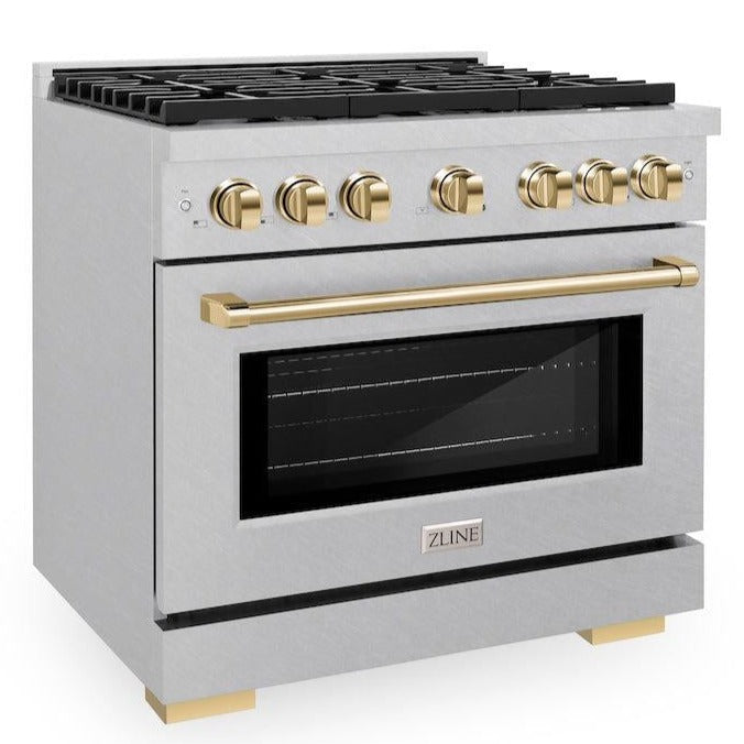 ZLINE Autograph Edition 36 in. 5.2 cu. ft. Paramount Gas Range with 6 Burners and Convection Oven in Satin Stainless Steel with Polished Gold Accents (SGRSZ-36-G)