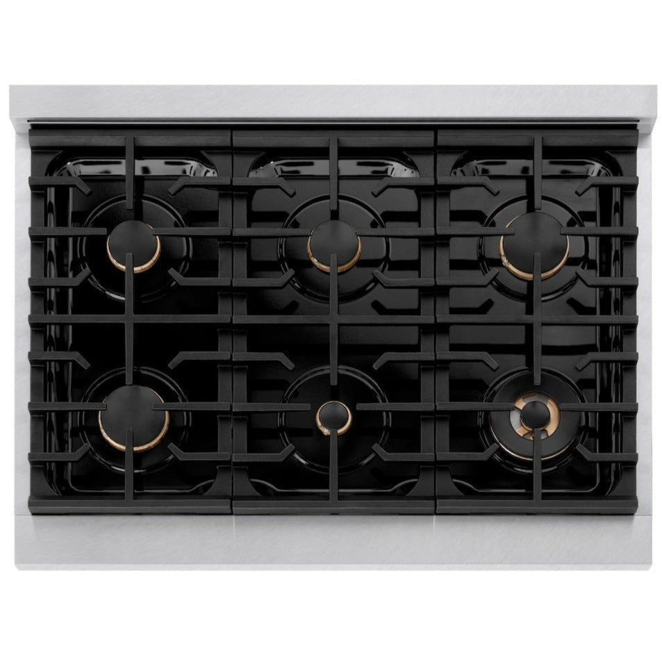 ZLINE Autograph Edition 36 in. 5.2 cu. ft. Paramount Gas Range with 6 Burners and Convection Oven in Satin Stainless Steel with Polished Gold Accents (SGRSZ-36-G)