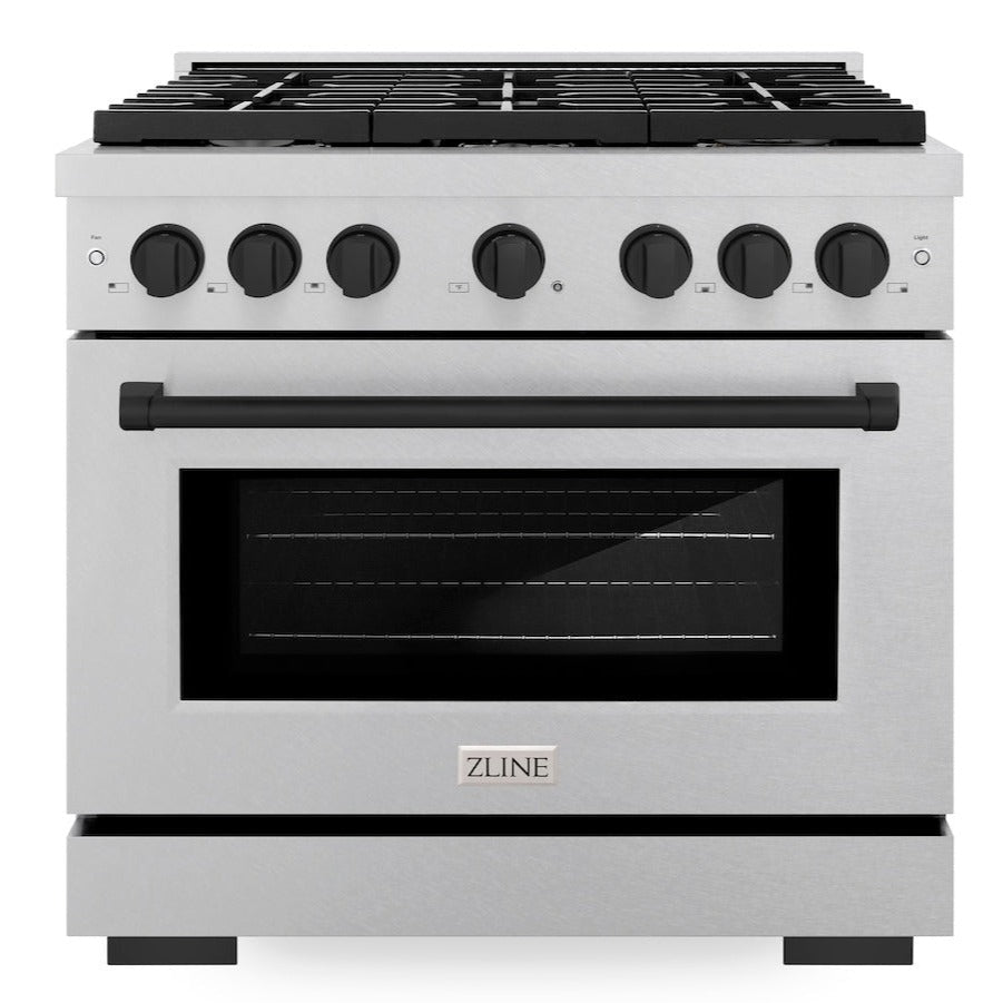 ZLINE Autograph Edition 36 in. 5.2 cu. ft. Gas Range with 6 Burners and Convection Oven in Satin Stainless Steel with Matte Black Accents (SGRSZ-36-MB)