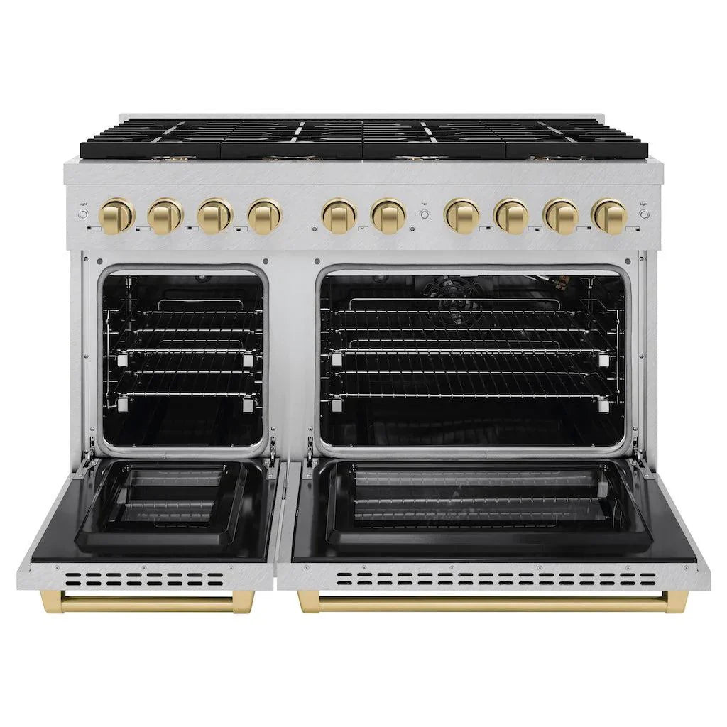 ZLINE Autograph Package - 48 In. Gas Range and Range Hood in Satin Stainless Steel with Champagne Bronze Accents, 2AKPR-RGSRH48-CB