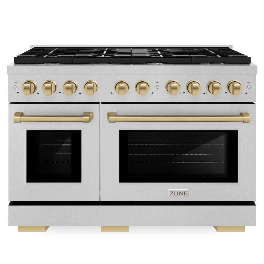 ZLINE Autograph Edition 48 in. 6.7 cu. ft. Paramount Double Oven Gas Range with 8 Burners in Satin Stainless Steel with Champagne Bronze Accents (SGRSZ-48-CB)