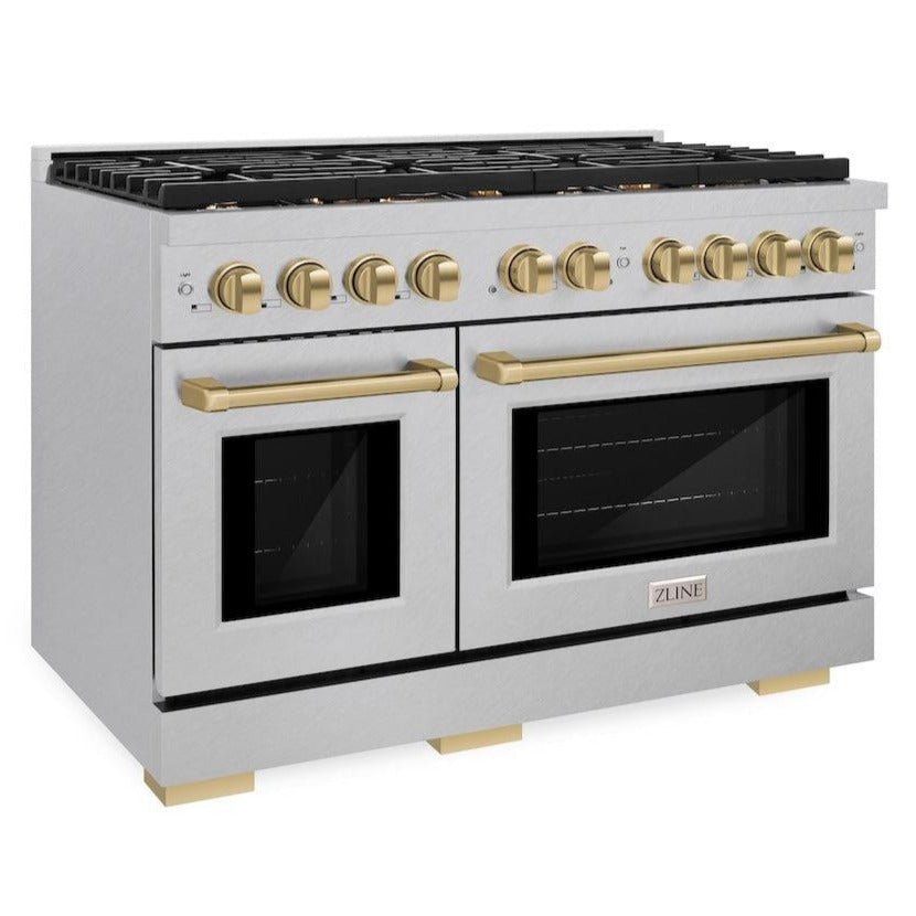 ZLINE Autograph Edition 48 in. 6.7 cu. ft. Paramount Double Oven Gas Range with 8 Burners in Satin Stainless Steel with Champagne Bronze Accents (SGRSZ-48-CB)