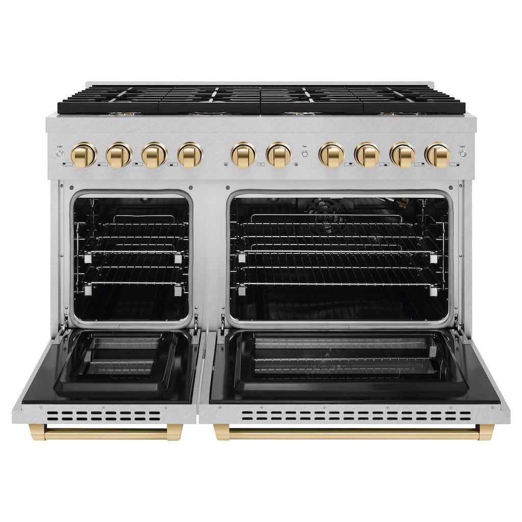 ZLINE Autograph Edition 48 in. 6.7 cu. ft. Paramount Double Oven Gas Range with 8 Burners in Satin Stainless Steel with Polished Gold Accents (SGRSZ-48-G)