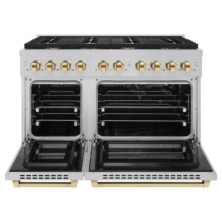 ZLINE Autograph Package - 48 In. Gas Range and Range Hood in Satin Stainless Steel with Gold Accents, 2AKPR-RGSRH48-G