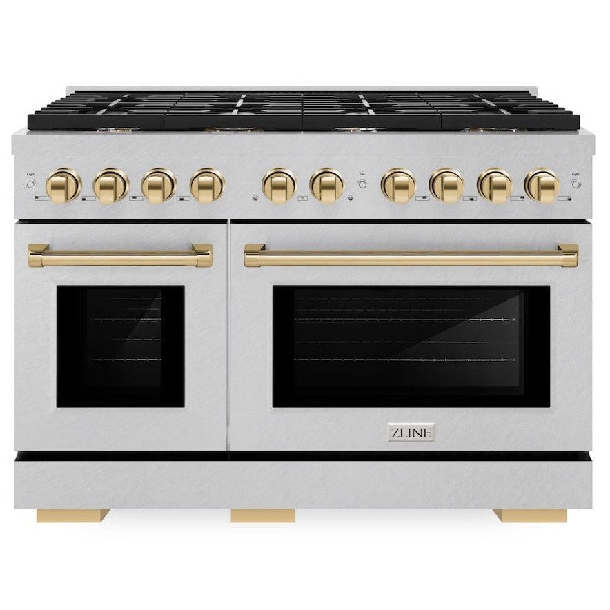 ZLINE Autograph Edition 48 in. 6.7 cu. ft. Paramount Double Oven Gas Range with 8 Burners in Satin Stainless Steel with Polished Gold Accents (SGRSZ-48-G)