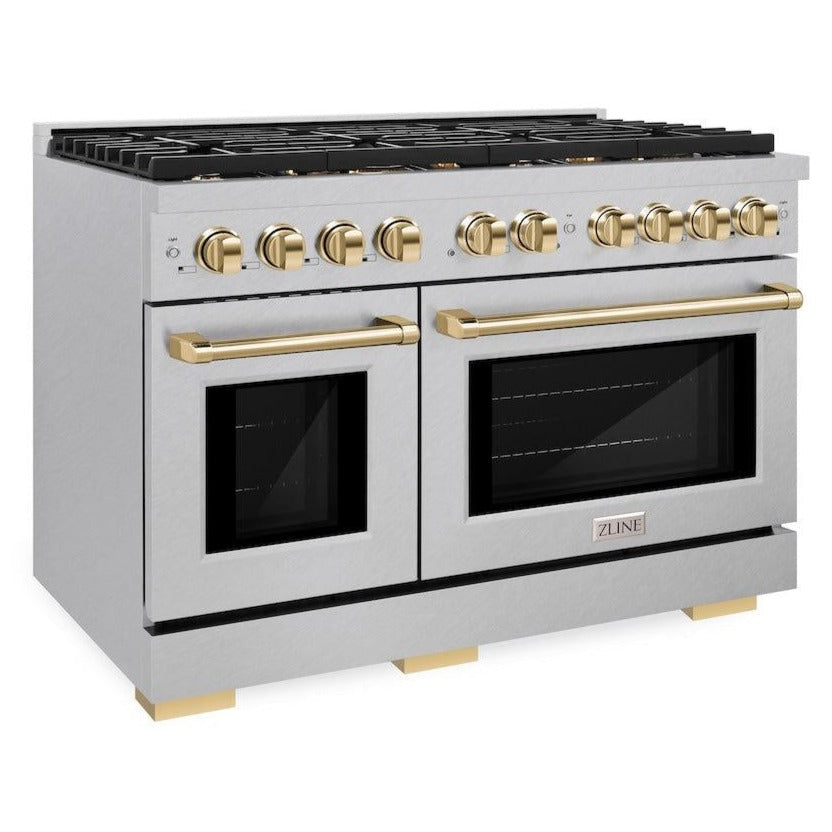 ZLINE Autograph Edition 48 in. 6.7 cu. ft. Paramount Double Oven Gas Range with 8 Burners in Satin Stainless Steel with Polished Gold Accents (SGRSZ-48-G)