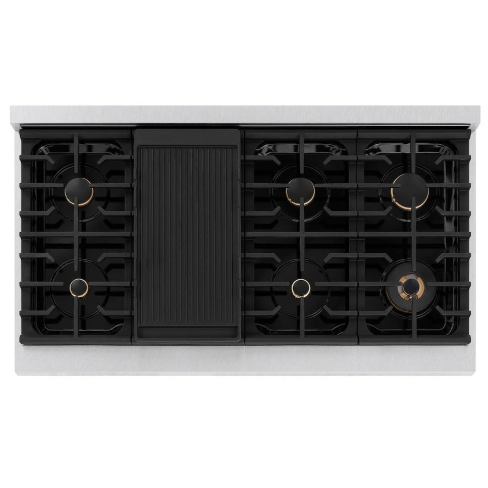 ZLINE Autograph Edition 48 in. 6.7 cu. ft. Paramount Double Oven Gas Range with 8 Burners in Satin Stainless Steel with Polished Gold Accents (SGRSZ-48-G)