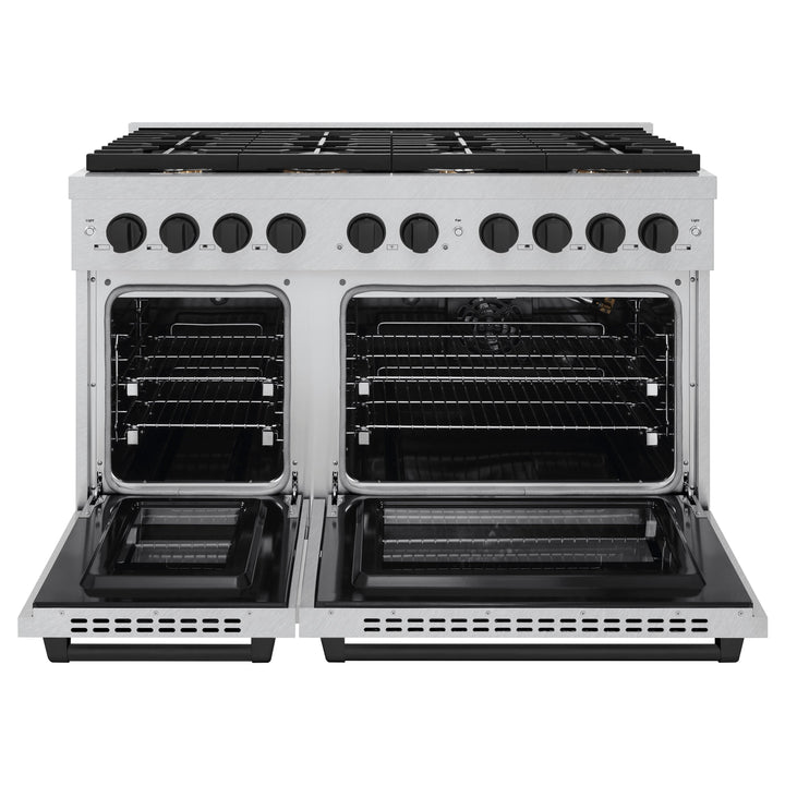 ZLINE Autograph Edition 48 in. Paramount Double Oven Gas Range with 8 Burner Cooktop in Satin Stainless Steel with Matte Black Accents, 6.7 cu. ft., SGRSZ-48-MB