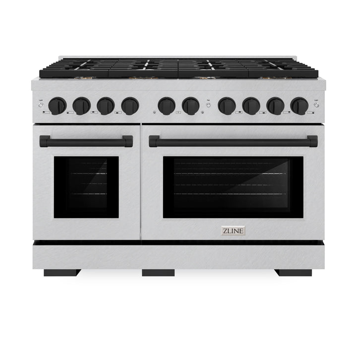 ZLINE Autograph Edition 48 in. Paramount Double Oven Gas Range with 8 Burner Cooktop in Satin Stainless Steel with Matte Black Accents, 6.7 cu. ft., SGRSZ-48-MB