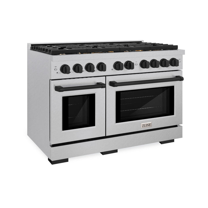 ZLINE Autograph Edition 48 in. Paramount Double Oven Gas Range with 8 Burner Cooktop in Satin Stainless Steel with Matte Black Accents, 6.7 cu. ft., SGRSZ-48-MB