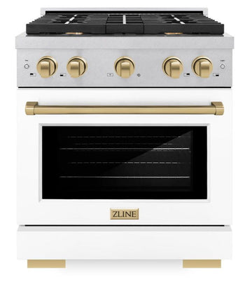 ZLINE Autograph Edition 30 in. 4.2 cu. ft. Paramount Dual Fuel Range with 4-Burner Gas Cooktop and Electric Convection Oven in Satin Stainless Steel with White Matte Door and Champagne Bronze Accents (SDRSZ-WM-30-CB)
