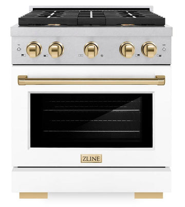ZLINE Autograph Edition 30 in. 4.2 cu. ft. Paramount Dual Fuel Range with 4 Gas Burners and Electric Convection Oven in Satin Stainless Steel with White Matte Door and Polished Gold Accents (SDRSZ-WM-30-G)