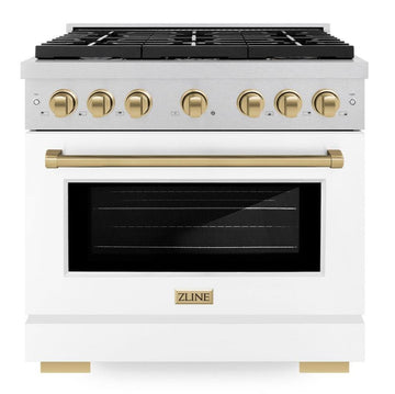 ZLINE Autograph Edition 36 in. Paramount Dual Fuel Range, 5.2 cu. ft. Electric Convection Oven, 6 Burner Gas Cooktop, Satin Stainless Steel with White Matte Door & Champagne Bronze Accents (SDRSZ-WM-36-CB)