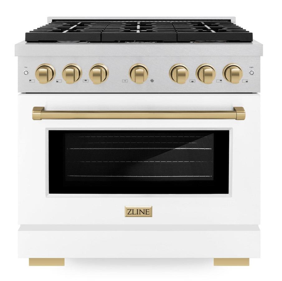 ZLINE Autograph Edition 36 in. Paramount Dual Fuel Range, 5.2 cu. ft. Electric Convection Oven, 6 Burner Gas Cooktop, Satin Stainless Steel with White Matte Door & Champagne Bronze Accents (SDRSZ-WM-36-CB)