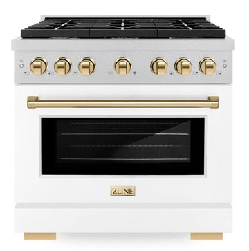 ZLINE Autograph Edition 36 in. Paramount Dual Fuel Range 5.2 cu. ft. with 6 Burner Gas Cooktop and Electric Convection Oven in Satin Stainless Steel with White Matte Door and Polished Gold Accents (SDRSZ-WM-36-G)