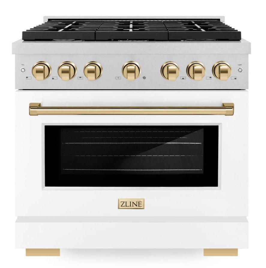 ZLINE Autograph Edition 36 in. Paramount Dual Fuel Range 5.2 cu. ft. with 6 Burner Gas Cooktop and Electric Convection Oven in Satin Stainless Steel with White Matte Door and Polished Gold Accents (SDRSZ-WM-36-G)