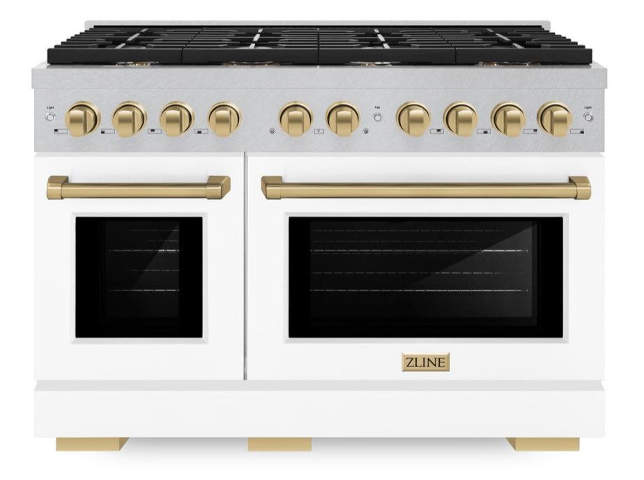 ZLINE Autograph Edition 48 in. Paramount Double Oven Dual Fuel Range with 8 Gas Burners, 6.7 cu. ft. Capacity, Satin Stainless Steel with White Matte Doors and Champagne Bronze Accents (SDRSZ-WM-48-CB)