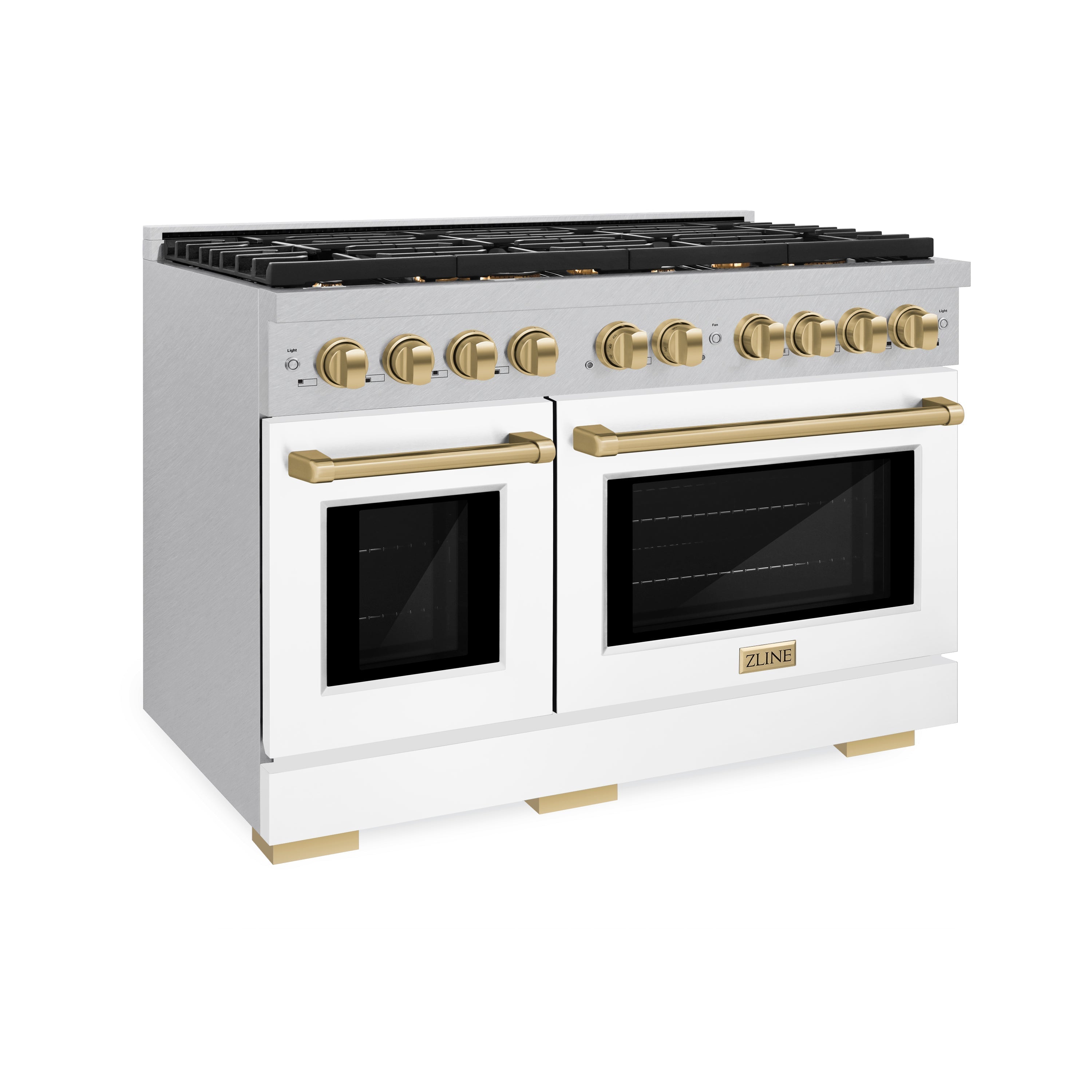 ZLINE Autograph Edition 48 in. Paramount Double Oven Dual Fuel Range with 8 Gas Burners, 6.7 cu. ft. Capacity, Satin Stainless Steel with White Matte Doors and Champagne Bronze Accents (SDRSZ-WM-48-CB)