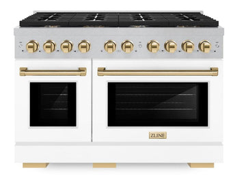 ZLINE Autograph Edition 48 in. 6.7 cu. ft. Paramount Double Oven Dual Fuel Range with 8 Burner Gas Cooktop, Satin Stainless Steel with White Matte Doors and Polished Gold Accents (SDRSZ-WM-48-G)