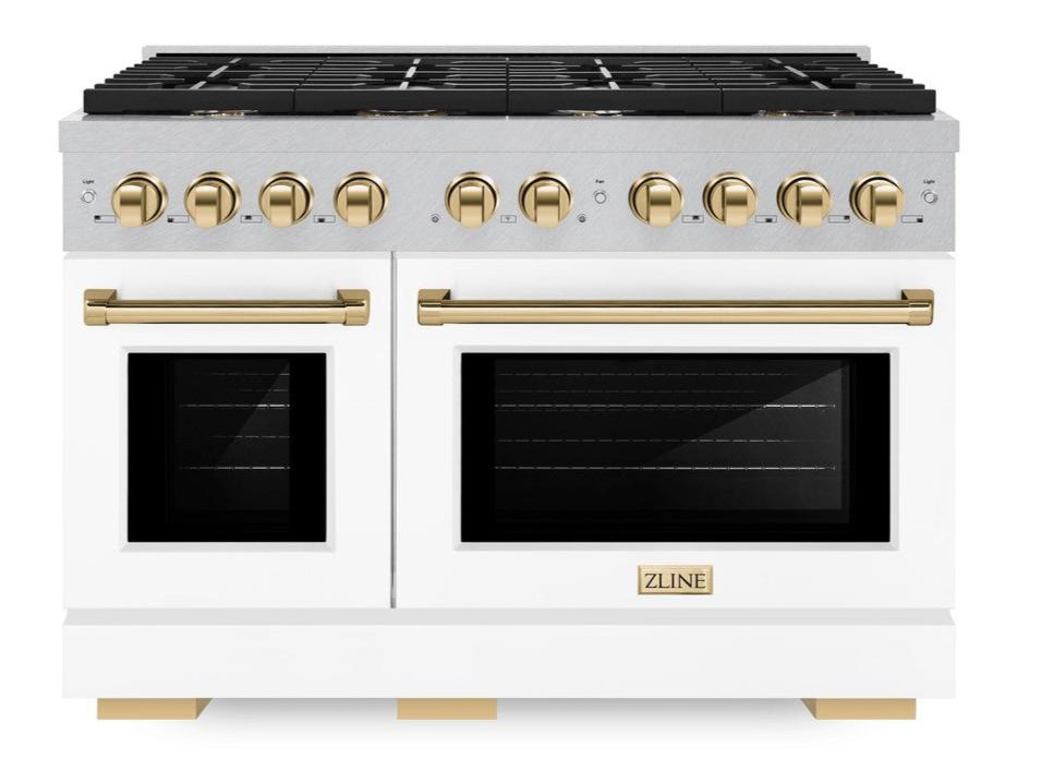 ZLINE Autograph Edition 48 in. 6.7 cu. ft. Paramount Double Oven Dual Fuel Range with 8 Burner Gas Cooktop, Satin Stainless Steel with White Matte Doors and Polished Gold Accents (SDRSZ-WM-48-G)