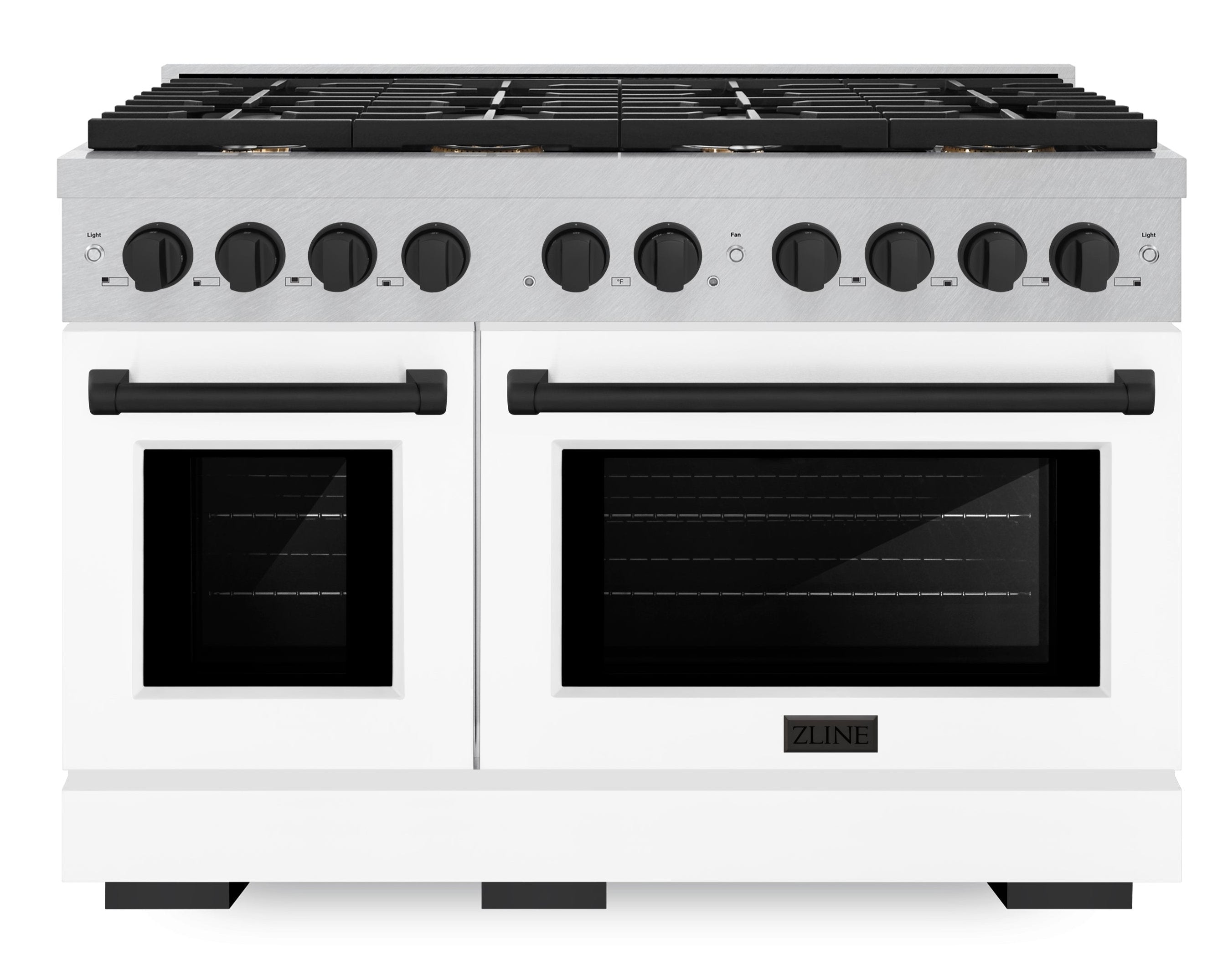 ZLINE Autograph Edition 48 in. Paramount Double Oven Dual Fuel Range with 8 Gas Burners, 6.7 cu. ft., Satin Stainless Steel with White Matte Doors and Matte Black Accents (SDRSZ-WM-48-MB)