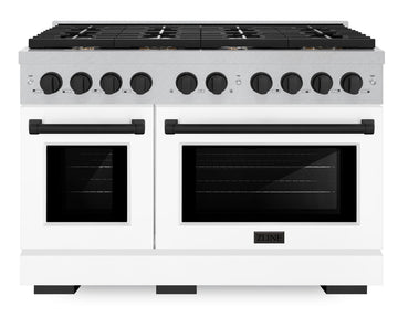 ZLINE Autograph Edition 48 in. Paramount Double Oven Dual Fuel Range with 8 Gas Burners, 6.7 cu. ft., Satin Stainless Steel with White Matte Doors and Matte Black Accents (SDRSZ-WM-48-MB)