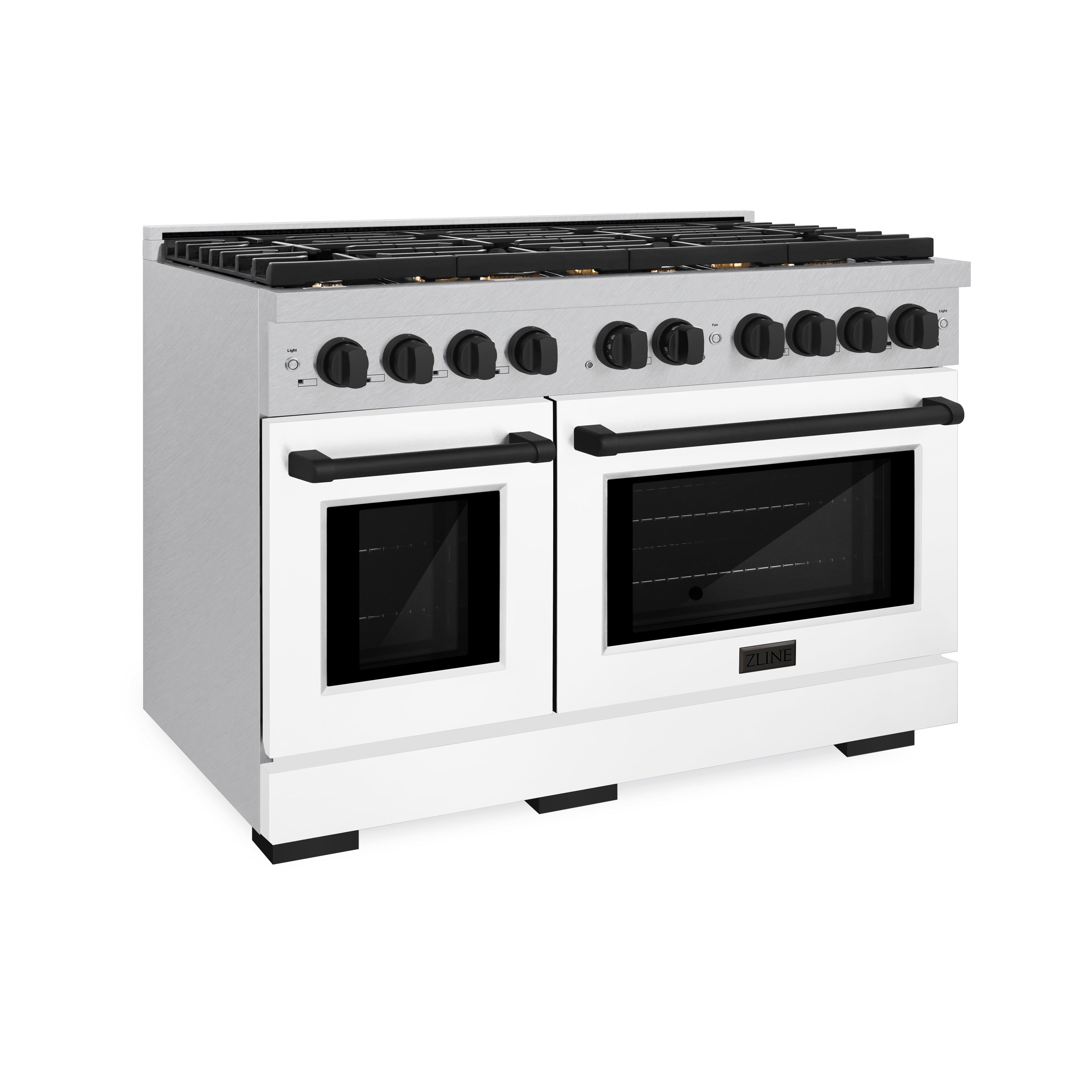 ZLINE Autograph Edition 48 in. Paramount Double Oven Dual Fuel Range with 8 Gas Burners, 6.7 cu. ft., Satin Stainless Steel with White Matte Doors and Matte Black Accents (SDRSZ-WM-48-MB)