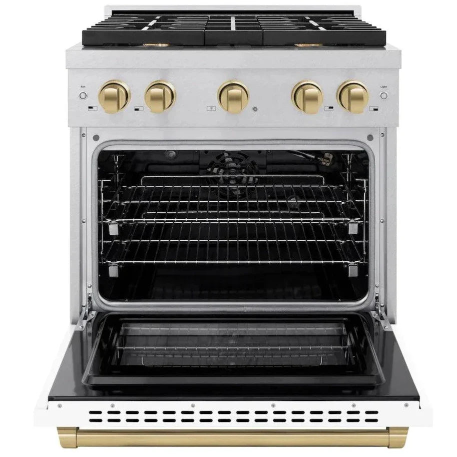 ZLINE Autograph Edition 30 in. 4.2 cu. ft. Paramount Gas Range with 4 Burners, Convection Gas Oven, Satin Stainless Steel with White Matte Door and Champagne Bronze Accents (SGRSZ-WM-30-CB)