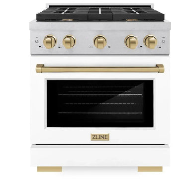 ZLINE Autograph Edition 30 in. 4.2 cu. ft. Paramount Gas Range with 4 Burners, Convection Gas Oven, Satin Stainless Steel with White Matte Door and Champagne Bronze Accents (SGRSZ-WM-30-CB)