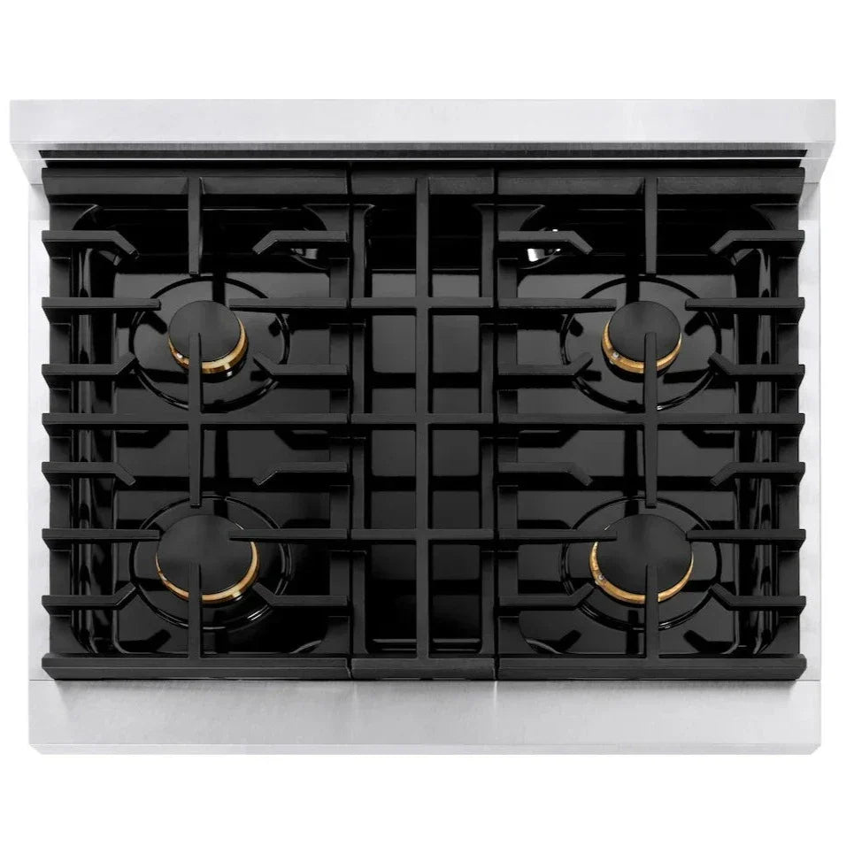ZLINE Autograph Edition 30 in. 4.2 cu. ft. Paramount Gas Range with 4 Burners, Convection Gas Oven, Satin Stainless Steel with White Matte Door and Champagne Bronze Accents (SGRSZ-WM-30-CB)