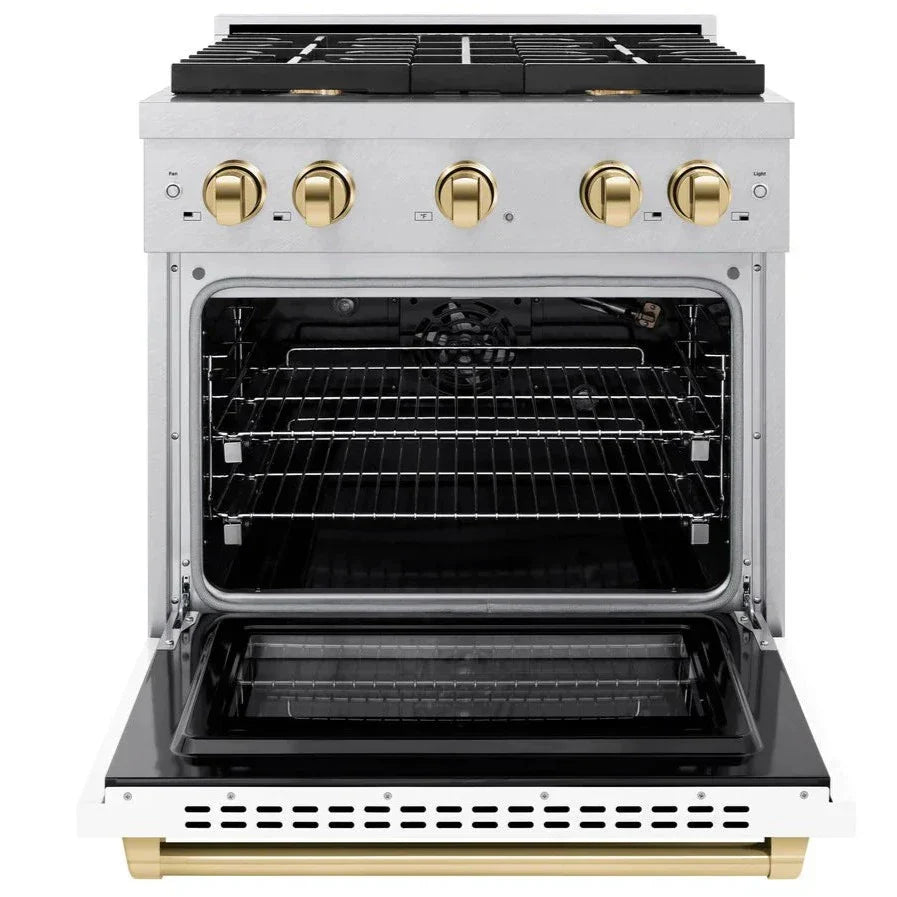 ZLINE Autograph Edition 30 in. Paramount Gas Range 4.2 cu. ft. with 4 Burner Gas Cooktop and Convection Gas Oven in Satin Stainless Steel with White Matte Door and Polished Gold Accents (SGRSZ-WM-30-G)