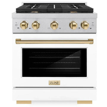 ZLINE Autograph Edition 30 in. Paramount Gas Range 4.2 cu. ft. with 4 Burner Gas Cooktop and Convection Gas Oven in Satin Stainless Steel with White Matte Door and Polished Gold Accents (SGRSZ-WM-30-G)