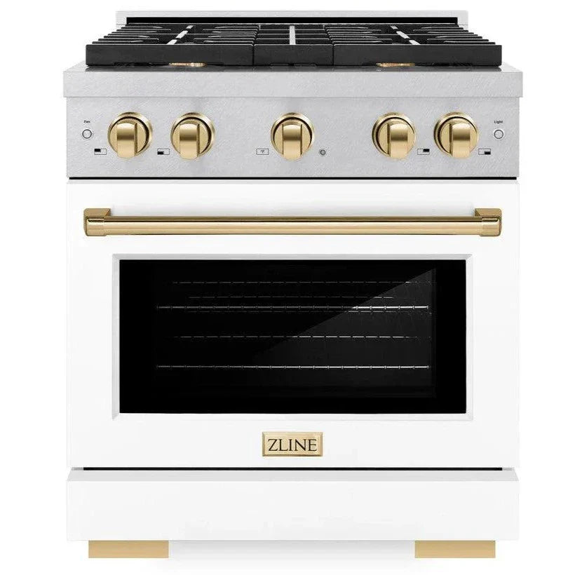ZLINE Autograph Edition 30 in. Paramount Gas Range 4.2 cu. ft. with 4 Burner Gas Cooktop and Convection Gas Oven in Satin Stainless Steel with White Matte Door and Polished Gold Accents (SGRSZ-WM-30-G)