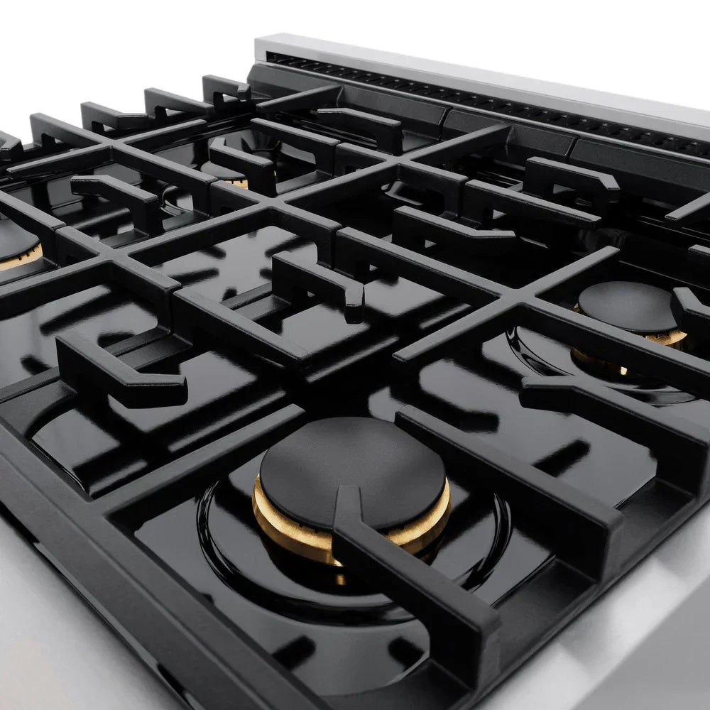 ZLINE Autograph Edition 30 in. Paramount Gas Range 4.2 cu. ft. with 4 Burner Gas Cooktop and Convection Gas Oven in Satin Stainless Steel with White Matte Door and Polished Gold Accents (SGRSZ-WM-30-G)