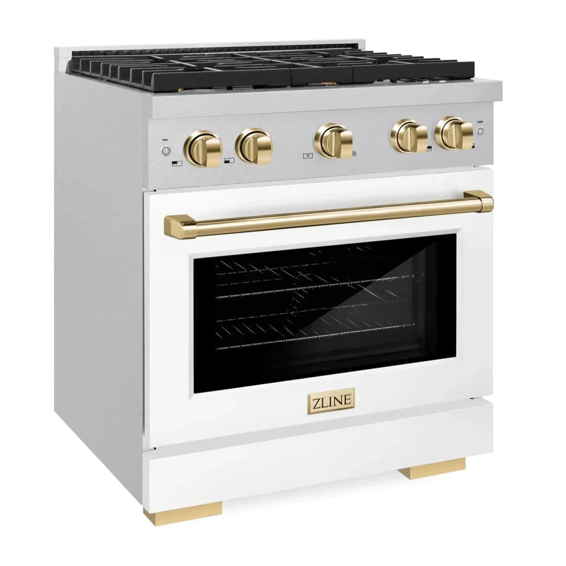 ZLINE Autograph Edition 30 in. Paramount Gas Range 4.2 cu. ft. with 4 Burner Gas Cooktop and Convection Gas Oven in Satin Stainless Steel with White Matte Door and Polished Gold Accents (SGRSZ-WM-30-G)
