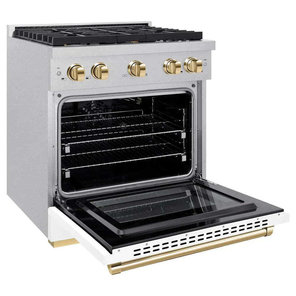 ZLINE Autograph Edition 30 in. Paramount Gas Range 4.2 cu. ft. with 4 Burner Gas Cooktop and Convection Gas Oven in Satin Stainless Steel with White Matte Door and Polished Gold Accents (SGRSZ-WM-30-G)