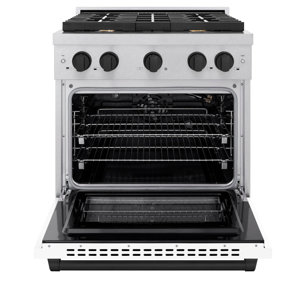 ZLINE Autograph Edition 30 in. 4.2 cu. ft. Paramount Gas Range with 4 Burners and Convection Gas Oven in Satin Stainless Steel with White Matte Door and Matte Black Accents (SGRSZ-WM-30-MB)