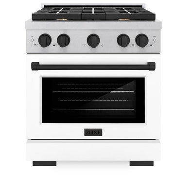 ZLINE Autograph Edition 30 in. 4.2 cu. ft. Paramount Gas Range with 4 Burners and Convection Gas Oven in Satin Stainless Steel with White Matte Door and Matte Black Accents (SGRSZ-WM-30-MB)
